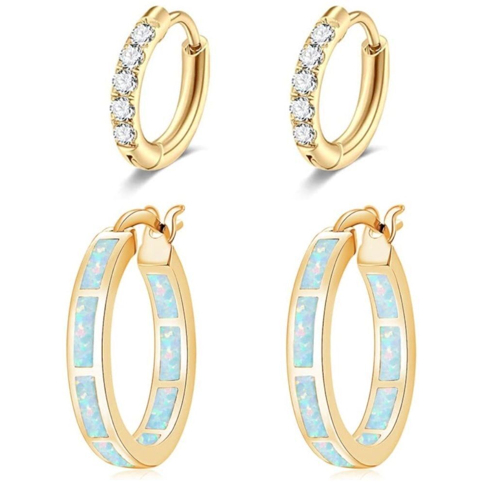 14K Yellow Gold and 316L White Fire Opal and Diamond CZ Hoops Earrings Set of 2